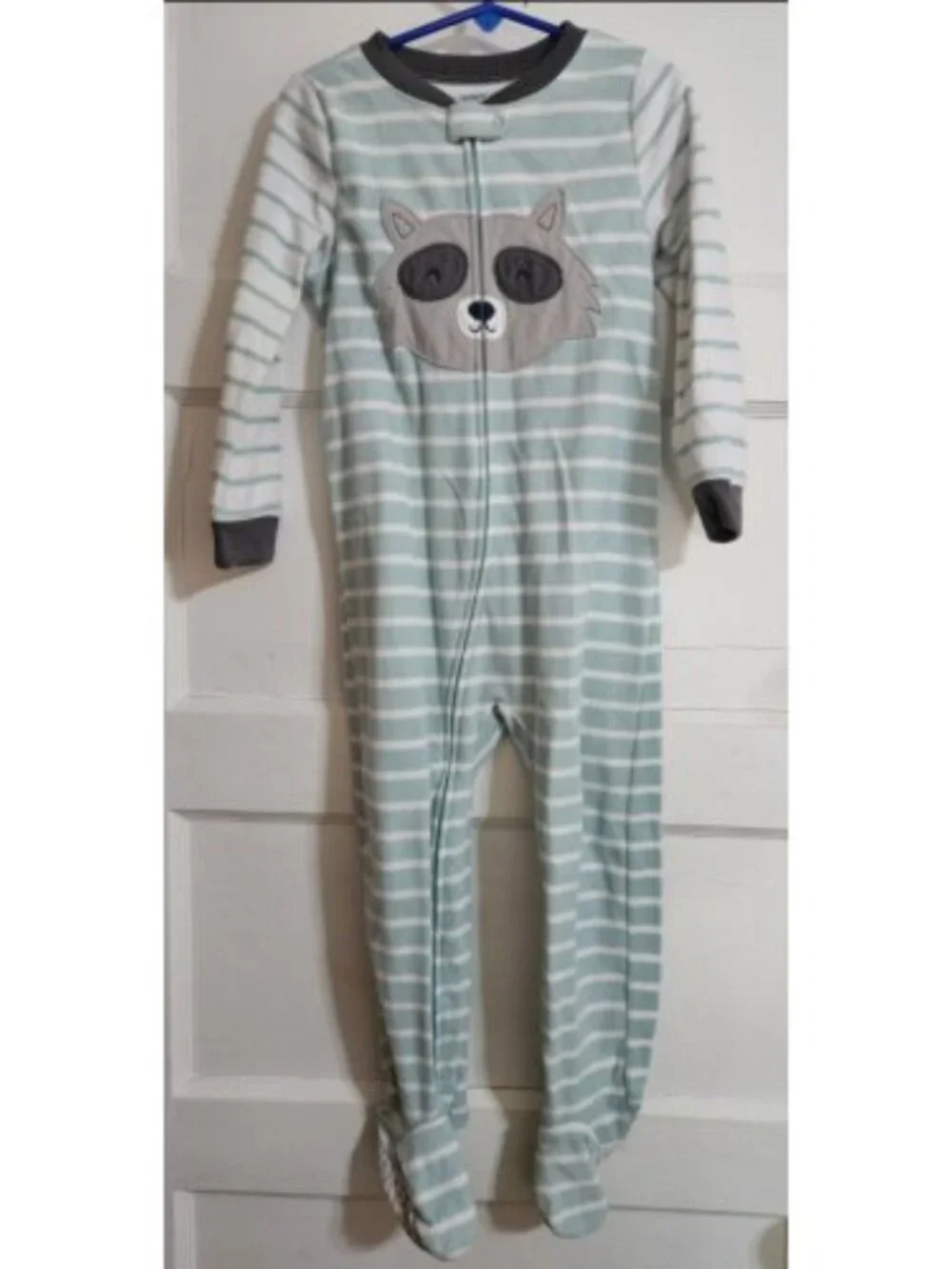 CARTER'S Green Striped Raccoon Face Fleece Blanket Sleeper Pajamas Boys Size 4T
